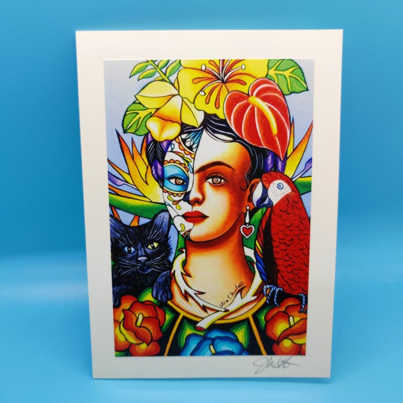 Greeting Card: Frida with Cat and Parrot